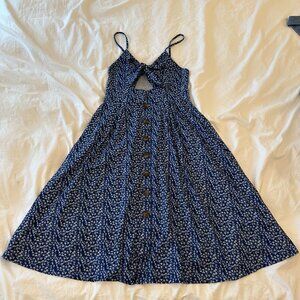 Ecowish L midi length spaghetti strap tie front navy blue with white florals